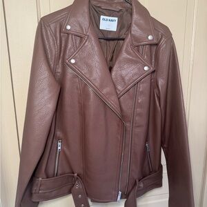 Old Navy Brown Faux Leather Moto Jacket with Belt